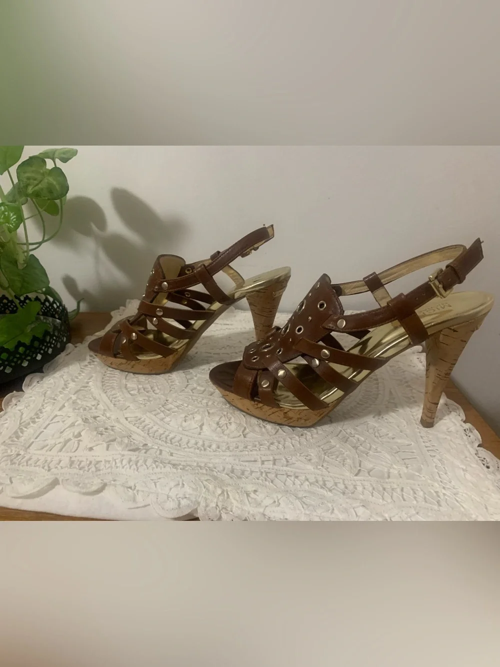 Michael Kors Laci Cork Heel Gold Rivets Ankle Buckle Size 7 1/2 MK Heel Monogram